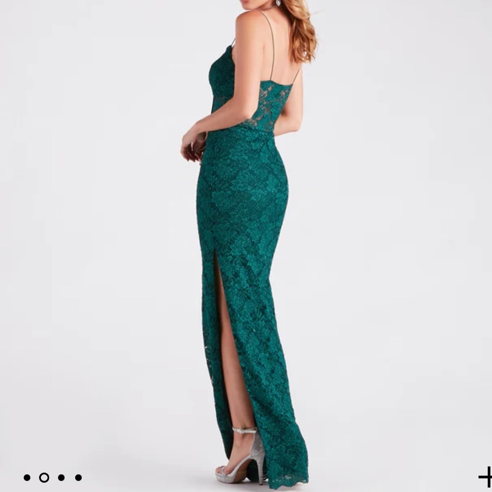 Windsor Adelaide Formal Glitter Lace Slit Long Dress.Size XL Color:Hunter Green - Picture 5 of 6